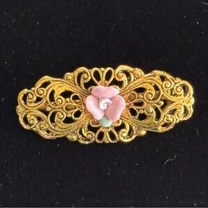 Vintage Gold-Tone Filigree Bar Pin with Pink Porcelain Rose